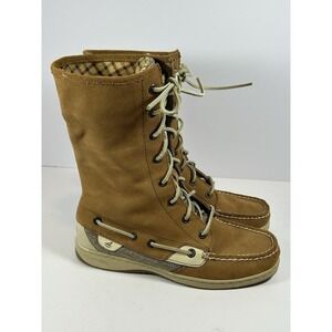 Sperry Women's Size 7 M US Ladyfish Tan Leather Foldover Plaid Lined 10" Boots